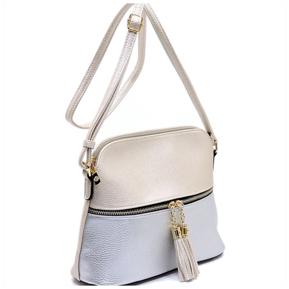 Champagne Silver Tassel Zip Dome Crossbody Bag - Picture 1 of 7